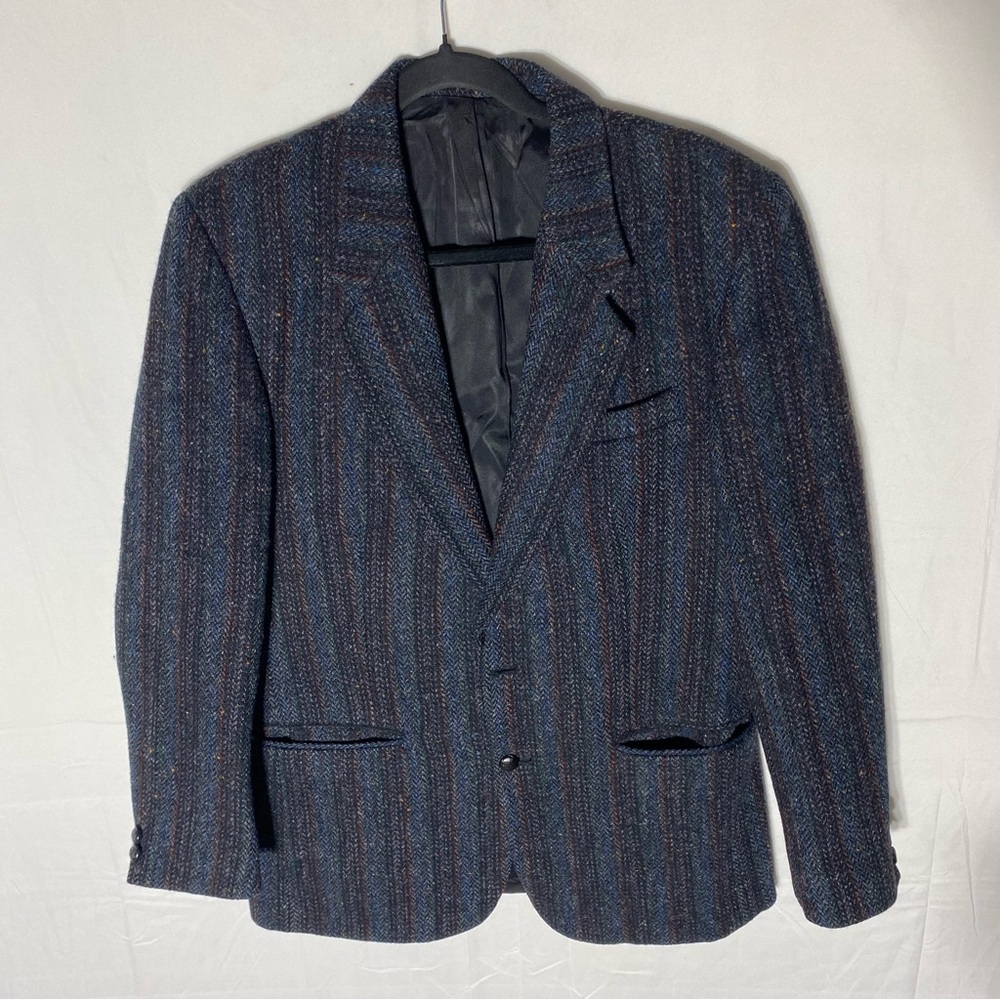 Vintage Harris Tweed Blue Purple Striped Wool Blazer 40R Dark Academia Dadcore